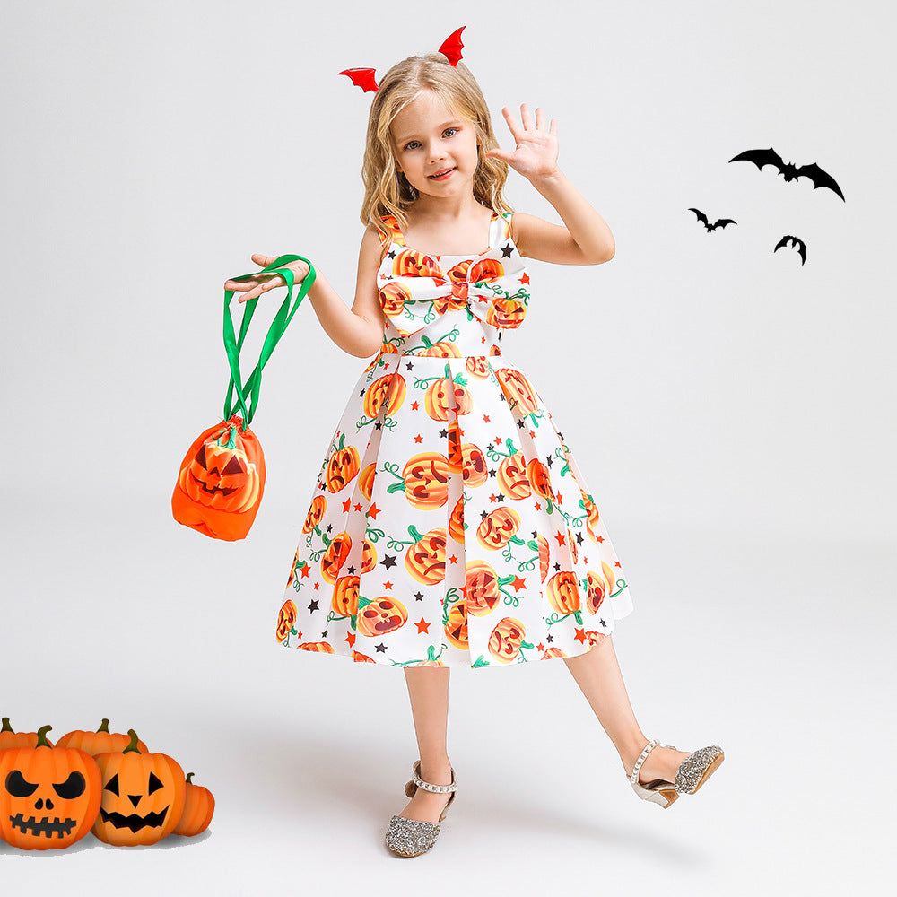 Cute Multicolor Cartoon Tea Length Dress with Bowknot for Girls 2-10Y