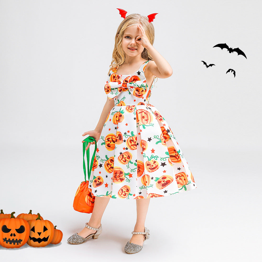 Cute Multicolor Cartoon Tea Length Dress with Bowknot for Girls 2-10Y