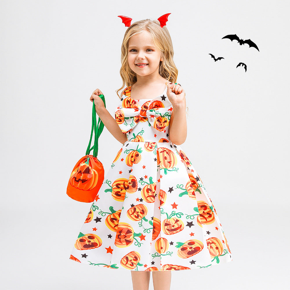 Cute Multicolor Cartoon Tea Length Dress with Bowknot for Girls 2-10Y