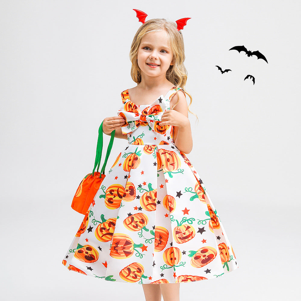 Cute Multicolor Cartoon Tea Length Dress with Bowknot for Girls 2-10Y