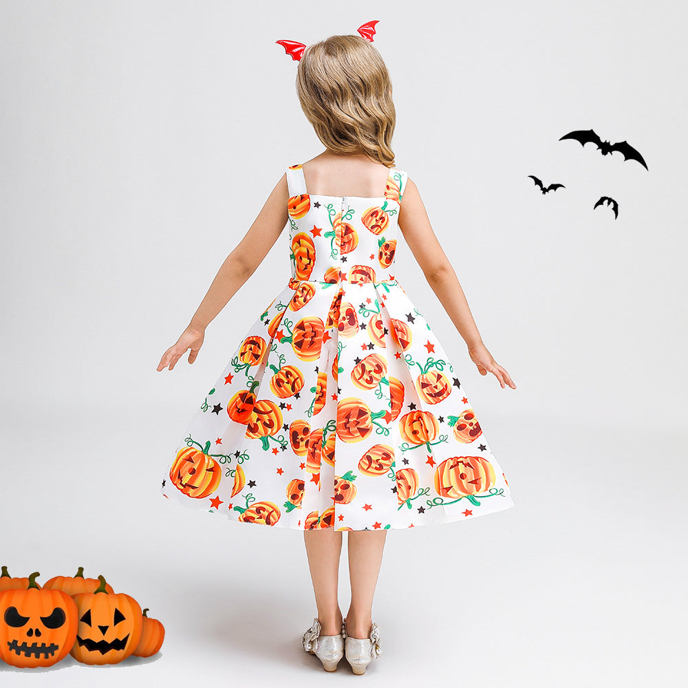 Cute Multicolor Cartoon Tea Length Dress with Bowknot for Girls 2-10Y