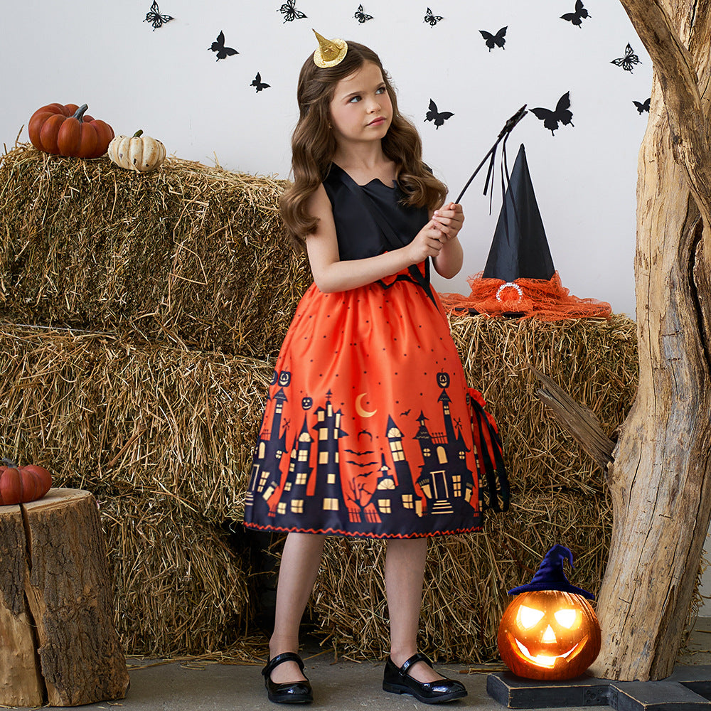 Orange Cartoon Print Ruffle Satin Dress for Girls | Cute Bow Princess Cosplay Outfit