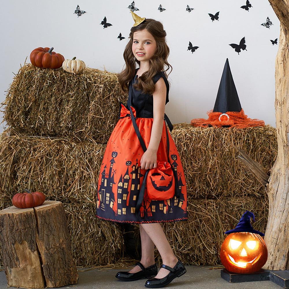 Orange Cartoon Print Ruffle Satin Dress for Girls | Cute Bow Princess Cosplay Outfit