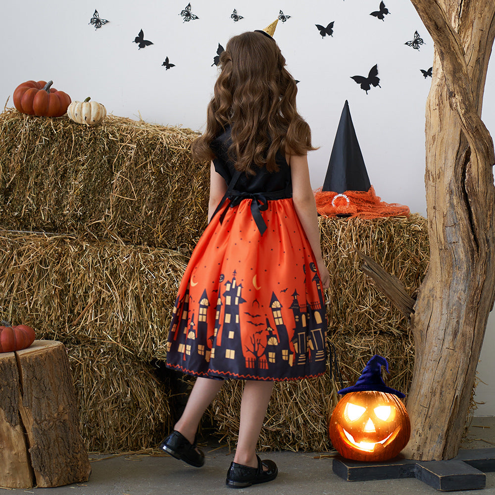 Orange Cartoon Print Ruffle Satin Dress for Girls | Cute Bow Princess Cosplay Outfit