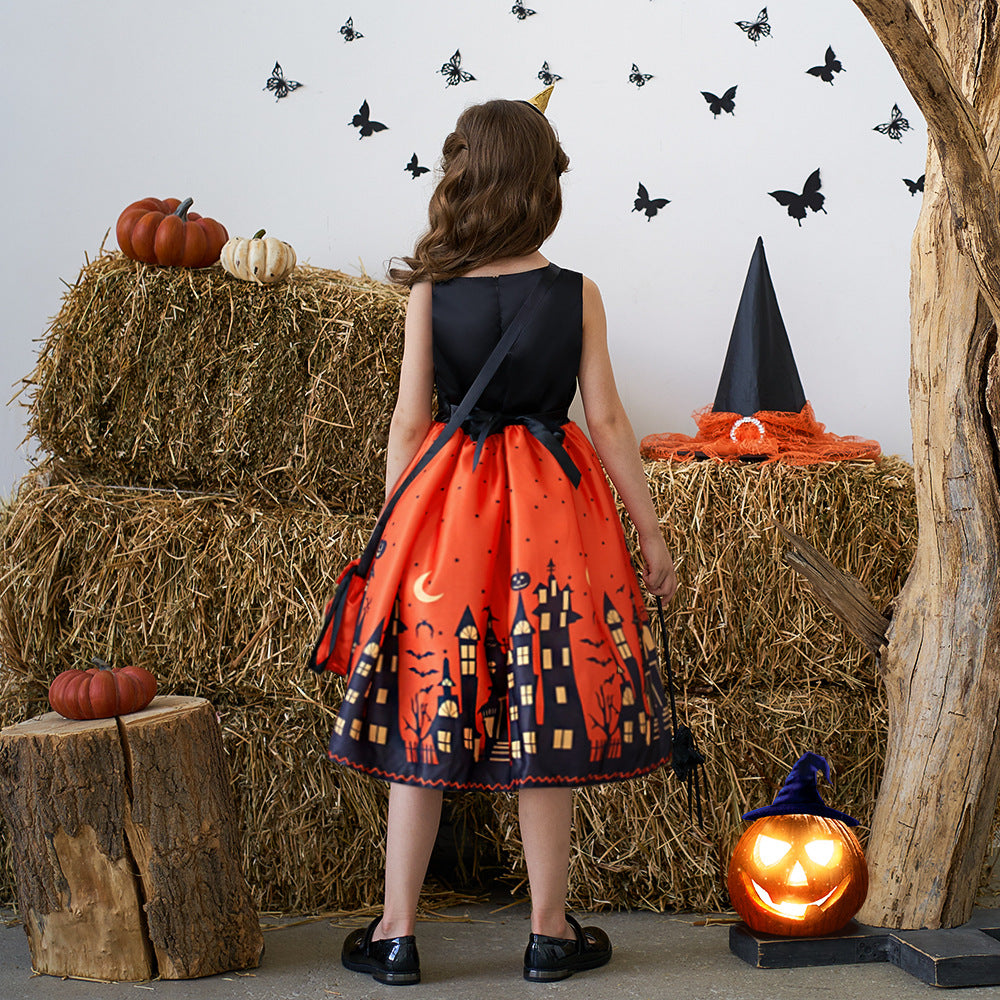 Orange Cartoon Print Ruffle Satin Dress for Girls | Cute Bow Princess Cosplay Outfit