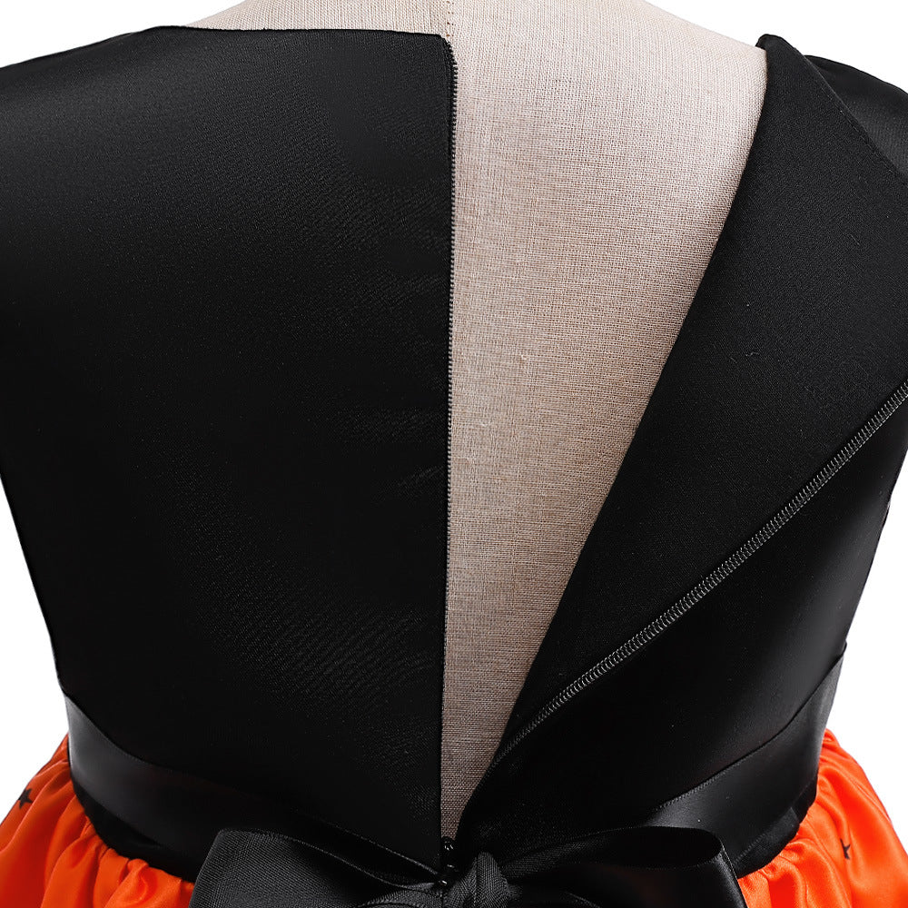 Orange Cartoon Print Ruffle Satin Dress for Girls | Cute Bow Princess Cosplay Outfit