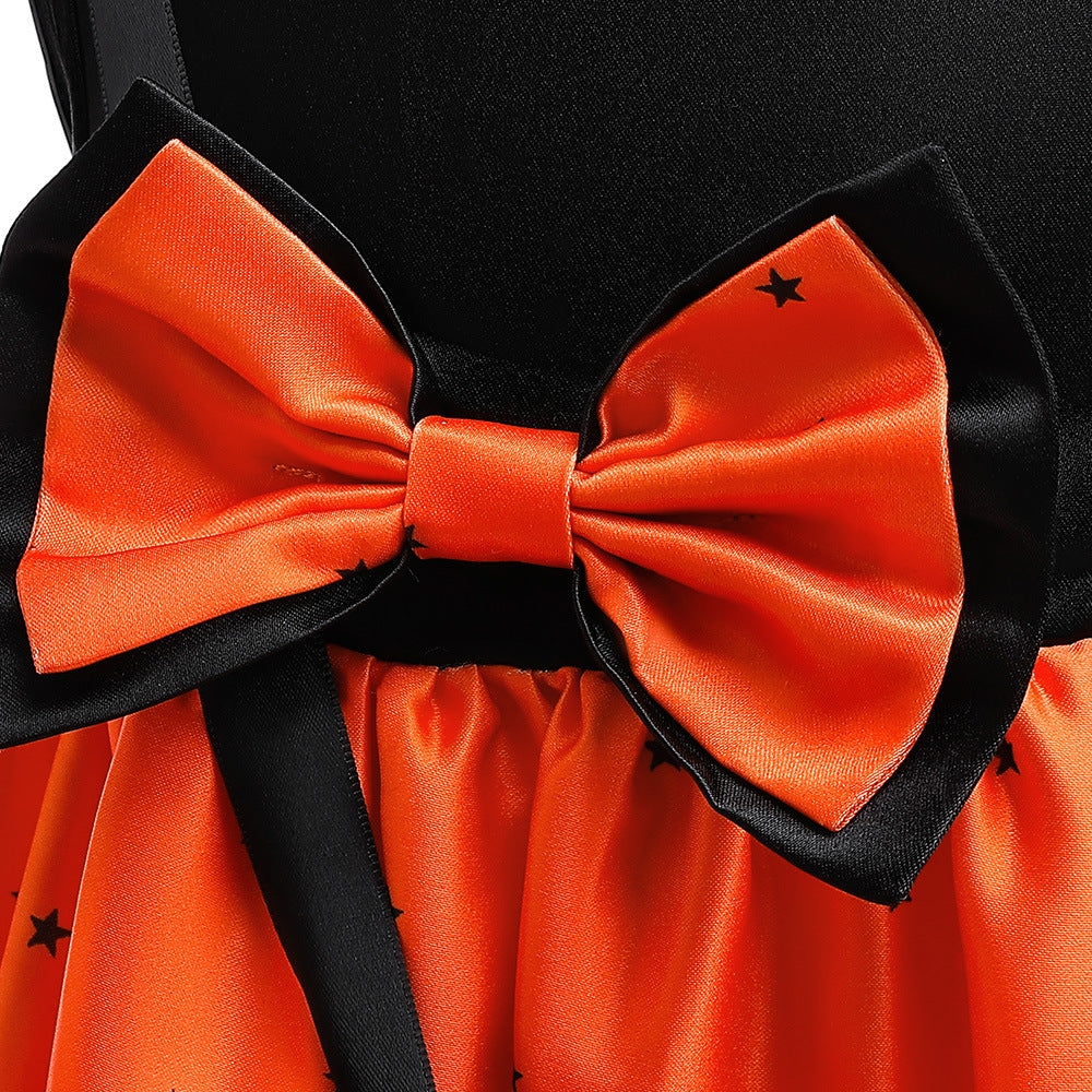 Orange Cartoon Print Ruffle Satin Dress for Girls | Cute Bow Princess Cosplay Outfit