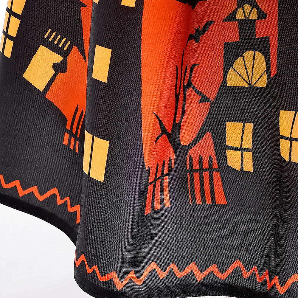 Orange Cartoon Print Ruffle Satin Dress for Girls | Cute Bow Princess Cosplay Outfit
