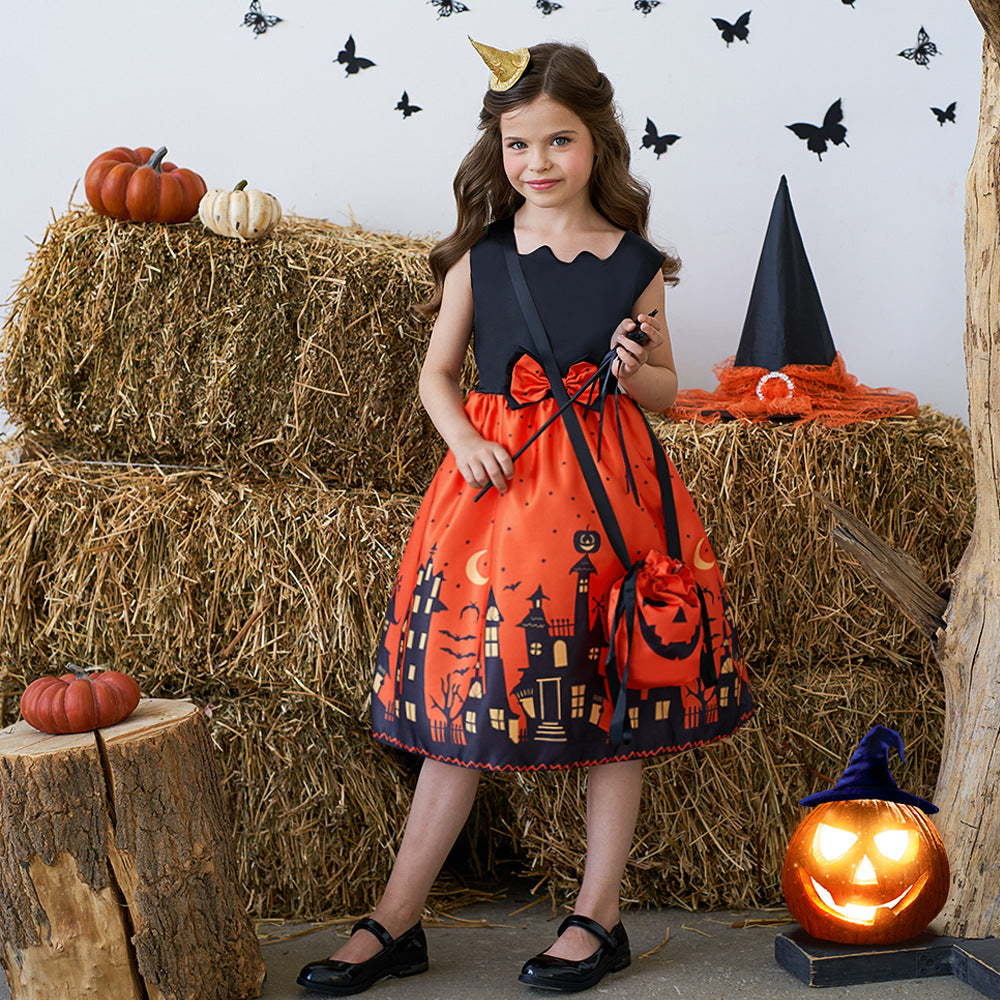 Orange Cartoon Print Ruffle Satin Dress for Girls | Cute Bow Princess Cosplay Outfit