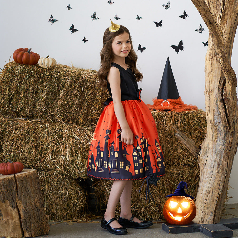 Orange Cartoon Print Ruffle Satin Dress for Girls | Cute Bow Princess Cosplay Outfit