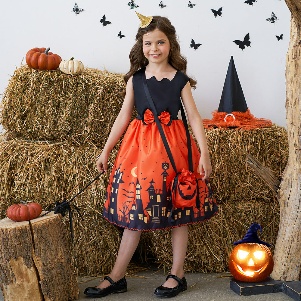 Orange Cartoon Print Ruffle Satin Dress for Girls | Cute Bow Princess Cosplay Outfit