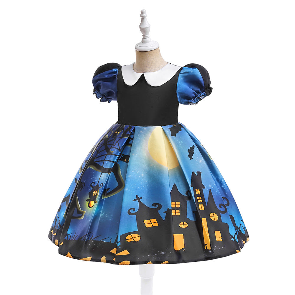 Cute Cartoon Print Princess Dress – A-Line Ruffle Tea Length for Girls