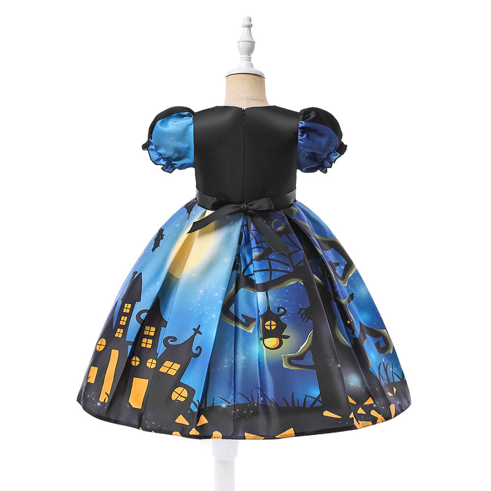 Cute Cartoon Print Princess Dress – A-Line Ruffle Tea Length for Girls