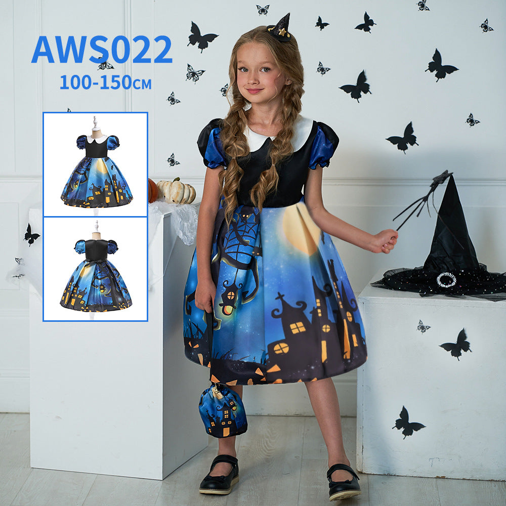 Cute Cartoon Print Princess Dress – A-Line Ruffle Tea Length for Girls