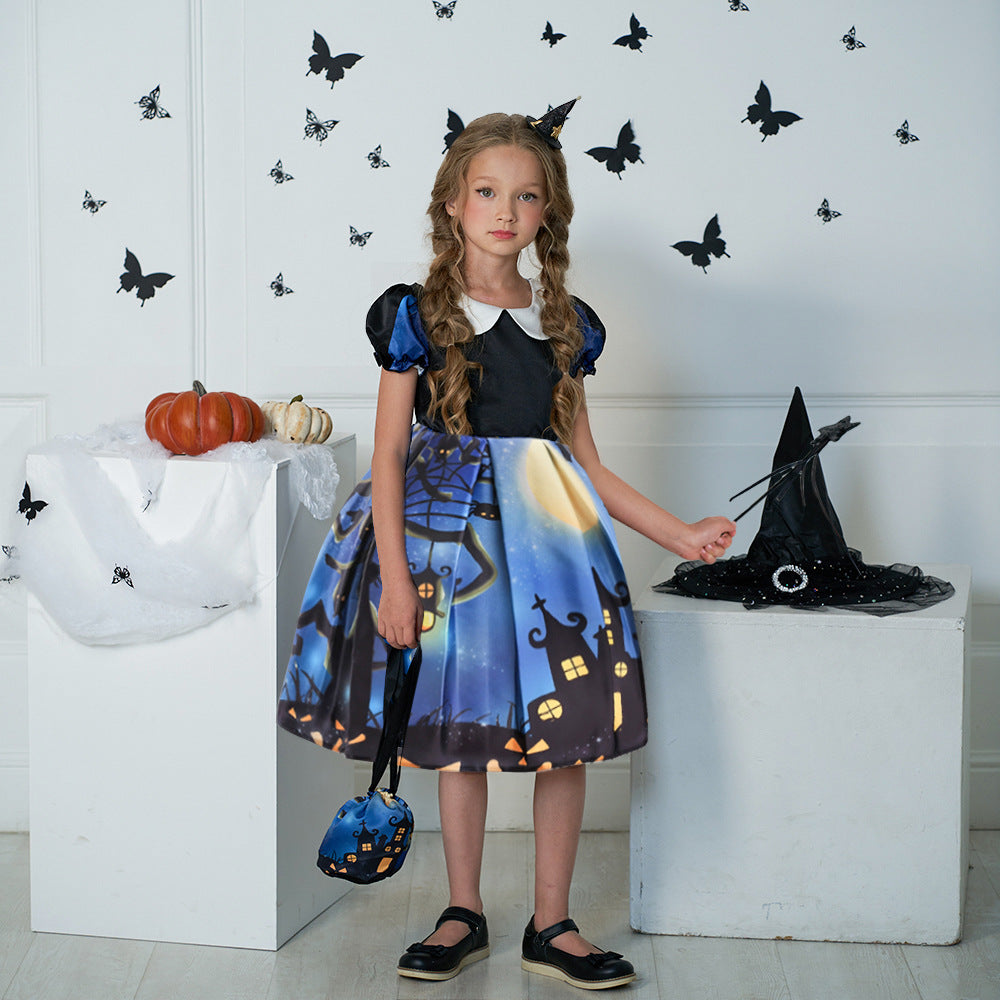 Cute Cartoon Print Princess Dress – A-Line Ruffle Tea Length for Girls