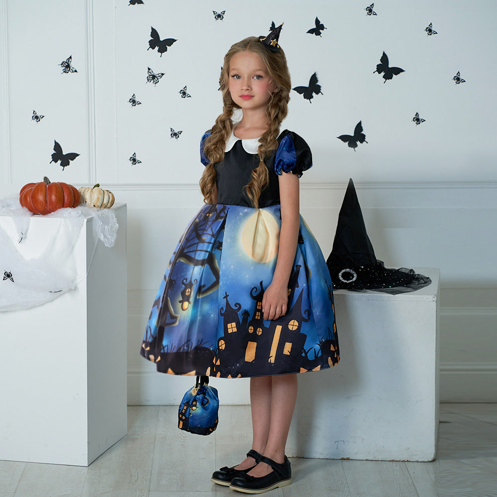 Cute Cartoon Print Princess Dress – A-Line Ruffle Tea Length for Girls