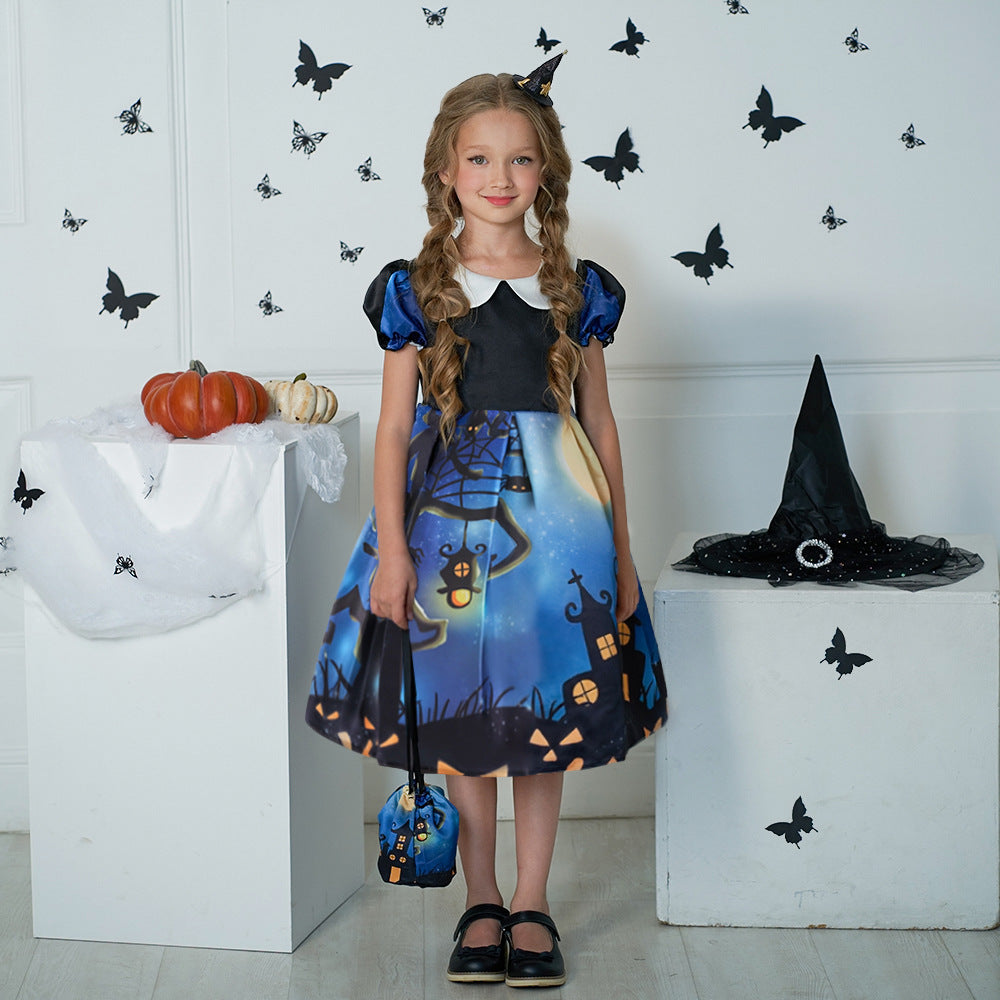 Cute Cartoon Print Princess Dress – A-Line Ruffle Tea Length for Girls