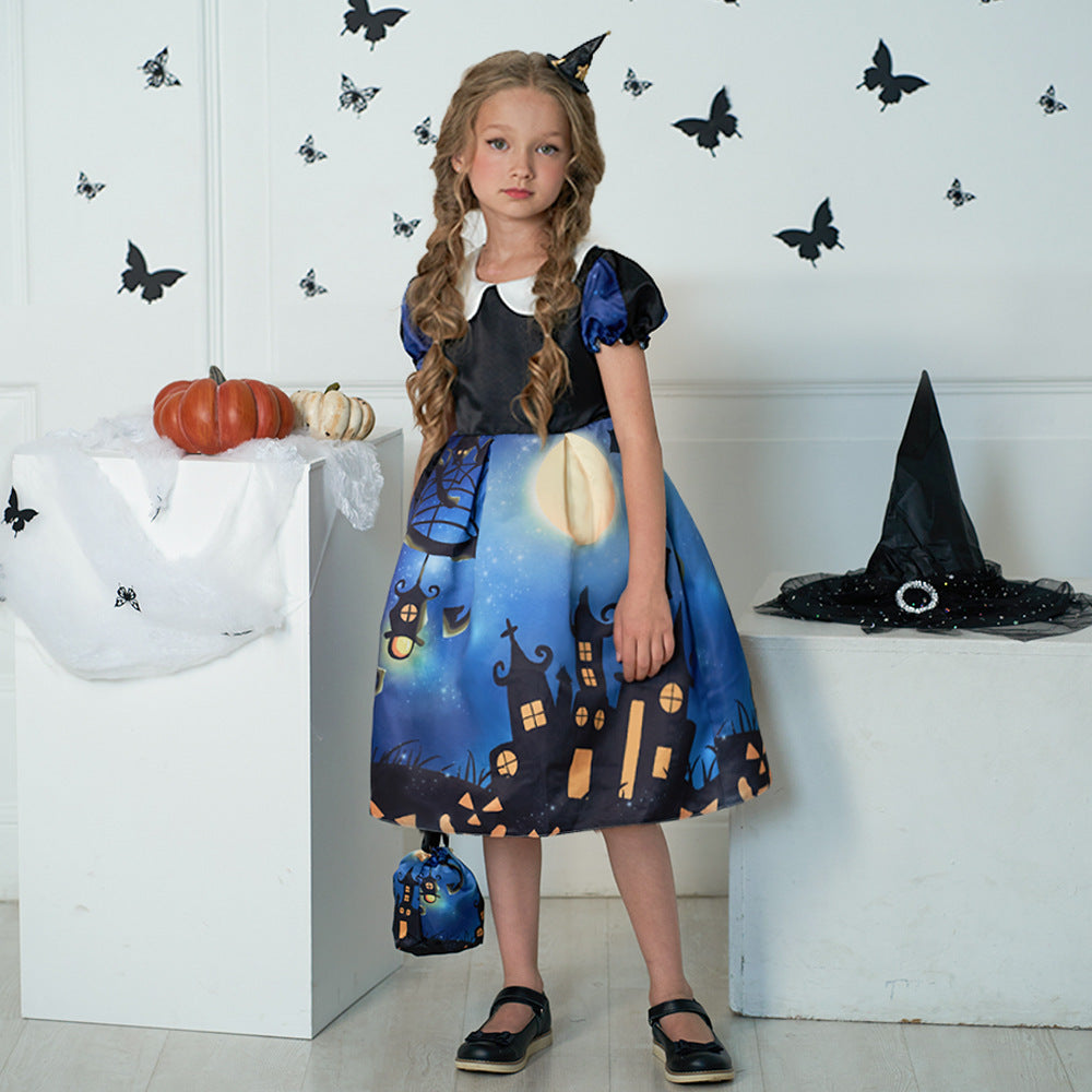 Cute Cartoon Print Princess Dress – A-Line Ruffle Tea Length for Girls