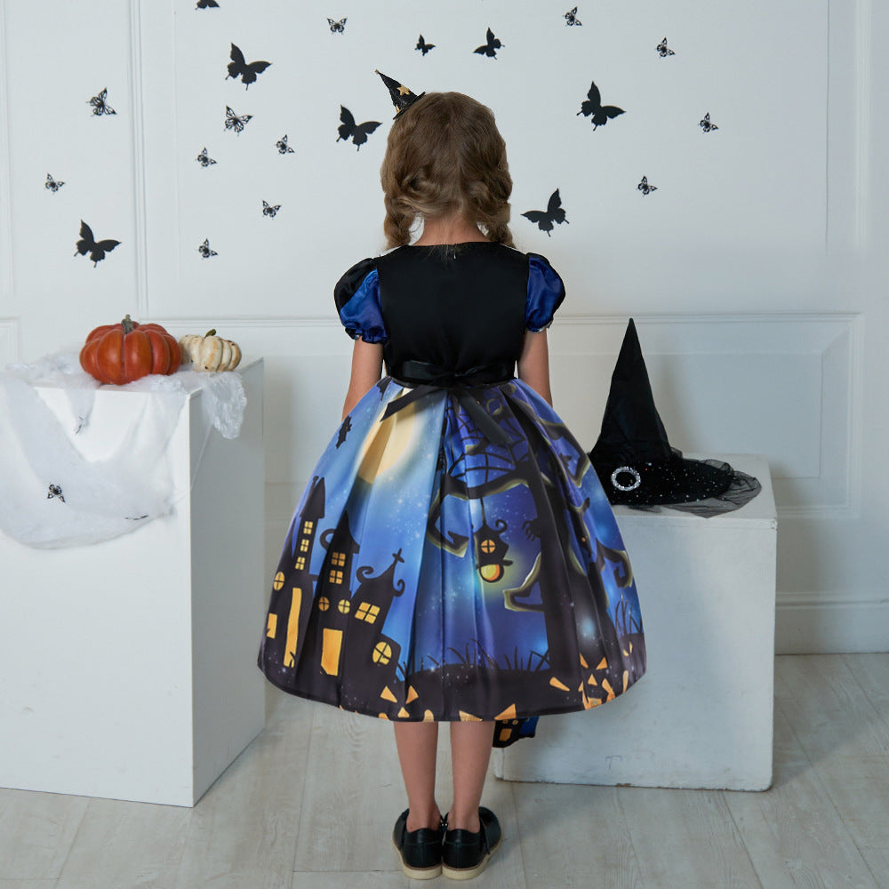 Cute Cartoon Print Princess Dress – A-Line Ruffle Tea Length for Girls