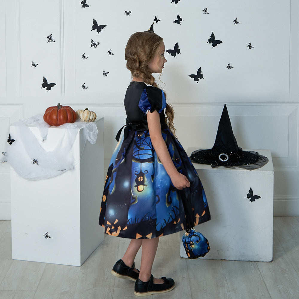 Cute Cartoon Print Princess Dress – A-Line Ruffle Tea Length for Girls
