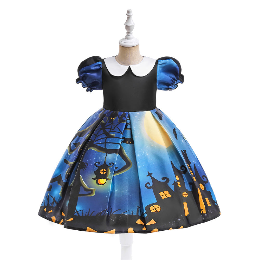 Cute Cartoon Print Princess Dress – A-Line Ruffle Tea Length for Girls