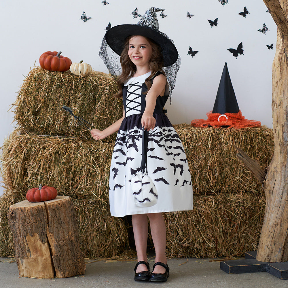Cute Cartoon Satin A-line Princess Dress for Girls (Black) - Halloween & Party Ready