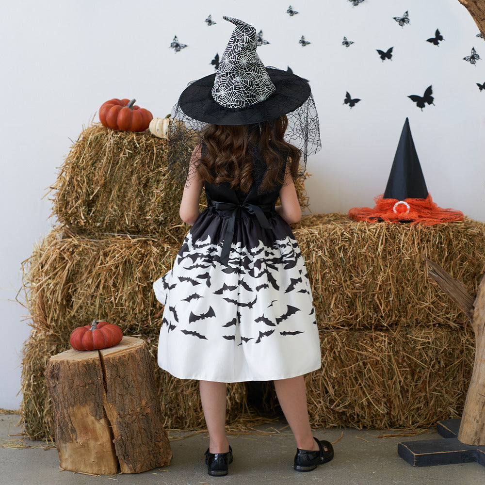 Cute Cartoon Satin A-line Princess Dress for Girls (Black) - Halloween & Party Ready