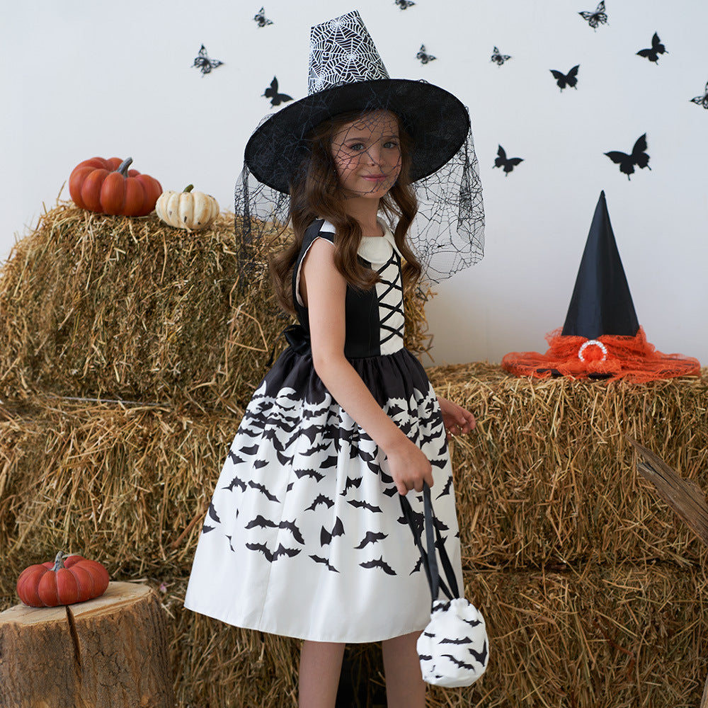 Cute Cartoon Satin A-line Princess Dress for Girls (Black) - Halloween & Party Ready