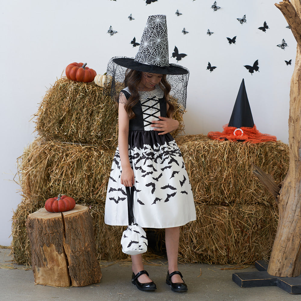 Cute Cartoon Satin A-line Princess Dress for Girls (Black) - Halloween & Party Ready