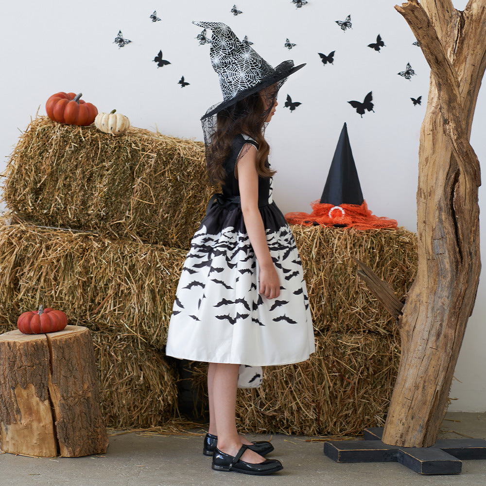 Cute Cartoon Satin A-line Princess Dress for Girls (Black) - Halloween & Party Ready