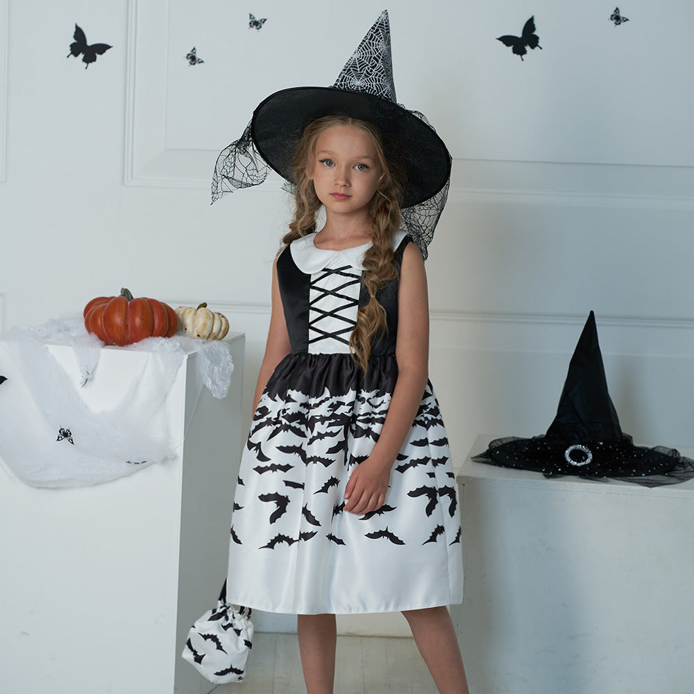 Cute Cartoon Satin A-line Princess Dress for Girls (Black) - Halloween & Party Ready