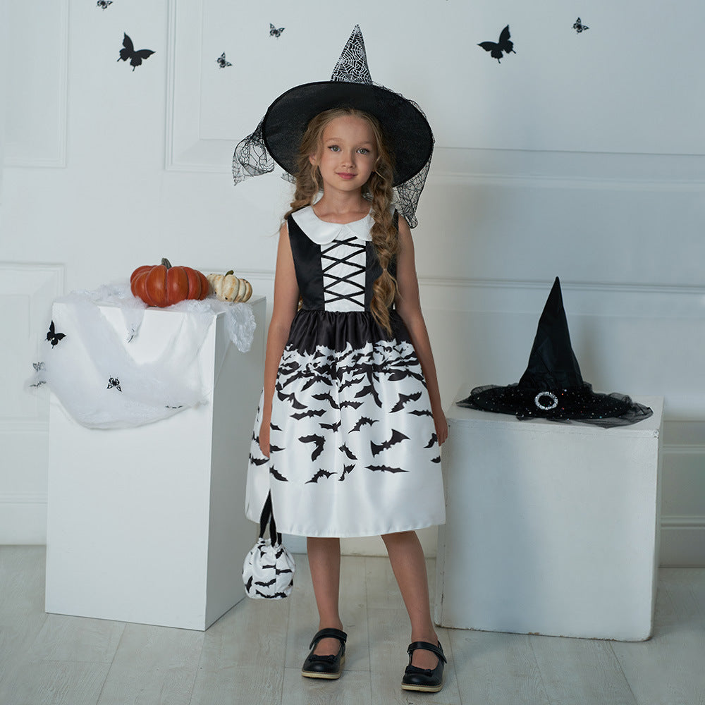 Cute Cartoon Satin A-line Princess Dress for Girls (Black) - Halloween & Party Ready