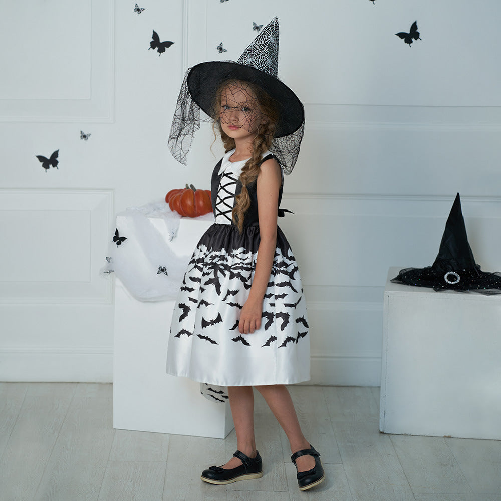 Cute Cartoon Satin A-line Princess Dress for Girls (Black) - Halloween & Party Ready