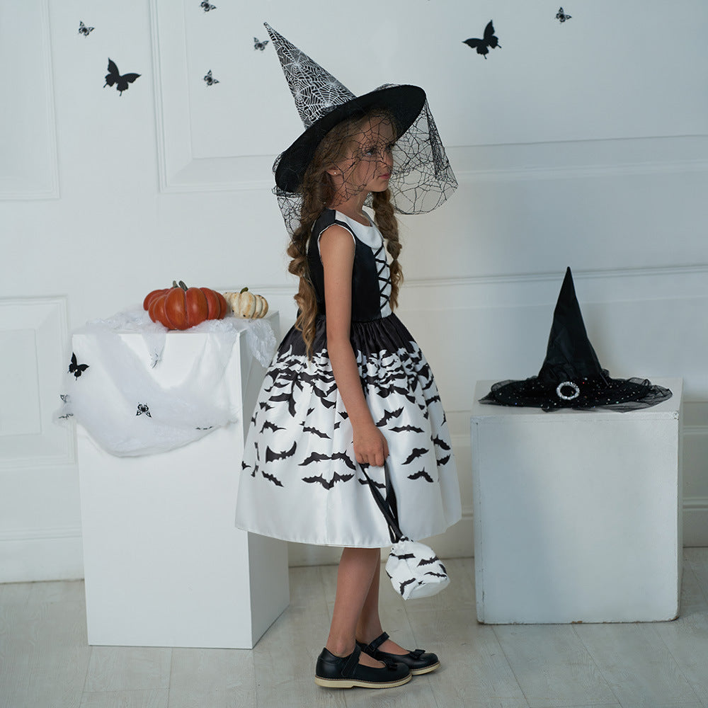Cute Cartoon Satin A-line Princess Dress for Girls (Black) - Halloween & Party Ready