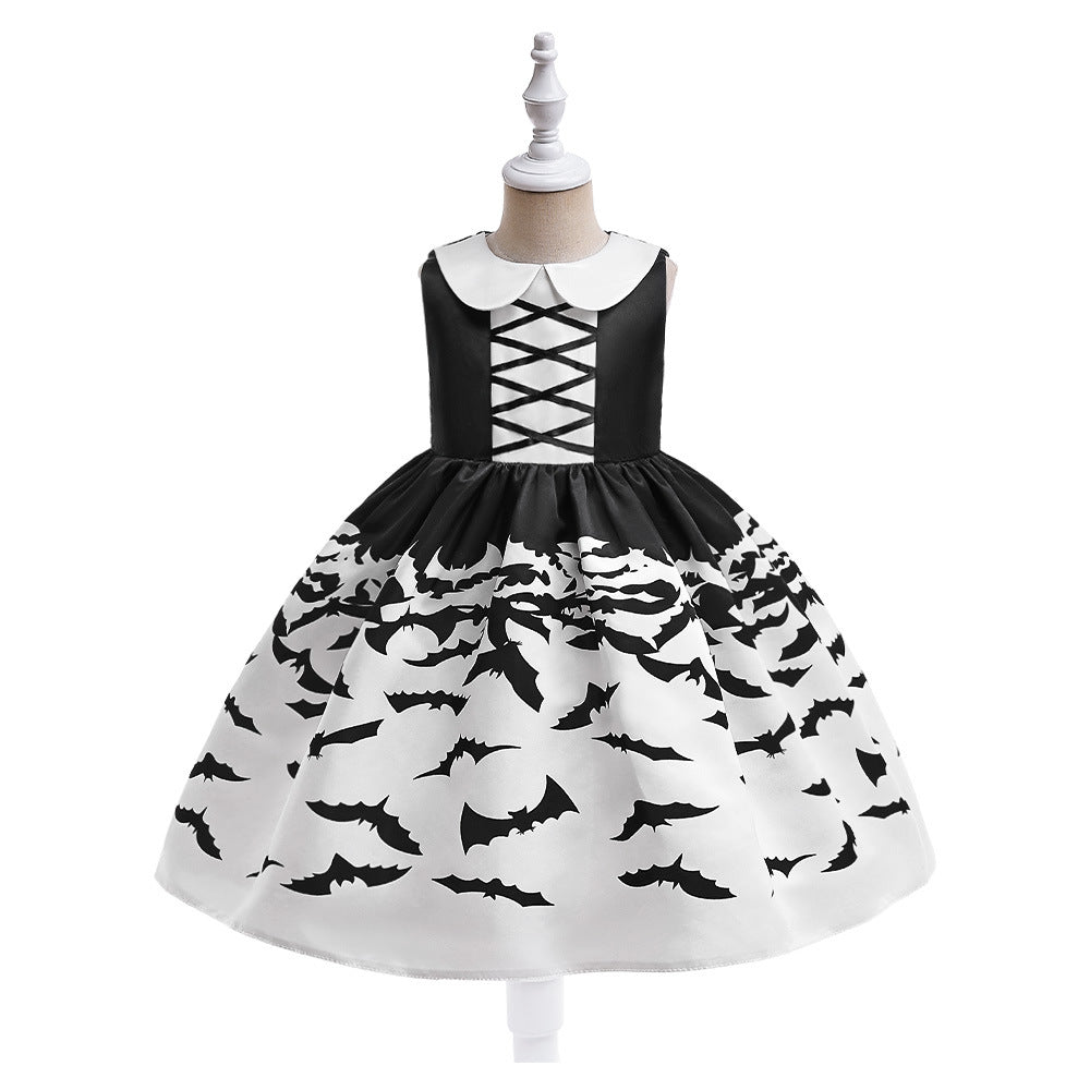 Cute Cartoon Satin A-line Princess Dress for Girls (Black) - Halloween & Party Ready