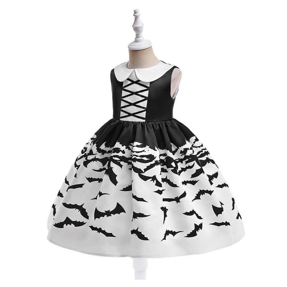 Cute Cartoon Satin A-line Princess Dress for Girls (Black) - Halloween & Party Ready
