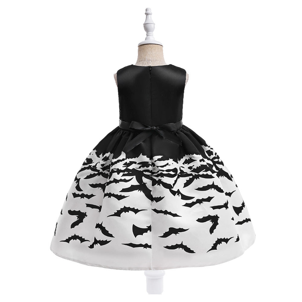 Cute Cartoon Satin A-line Princess Dress for Girls (Black) - Halloween & Party Ready