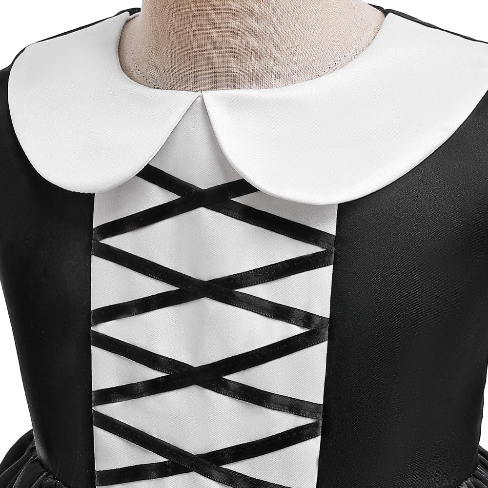 Cute Cartoon Satin A-line Princess Dress for Girls (Black) - Halloween & Party Ready