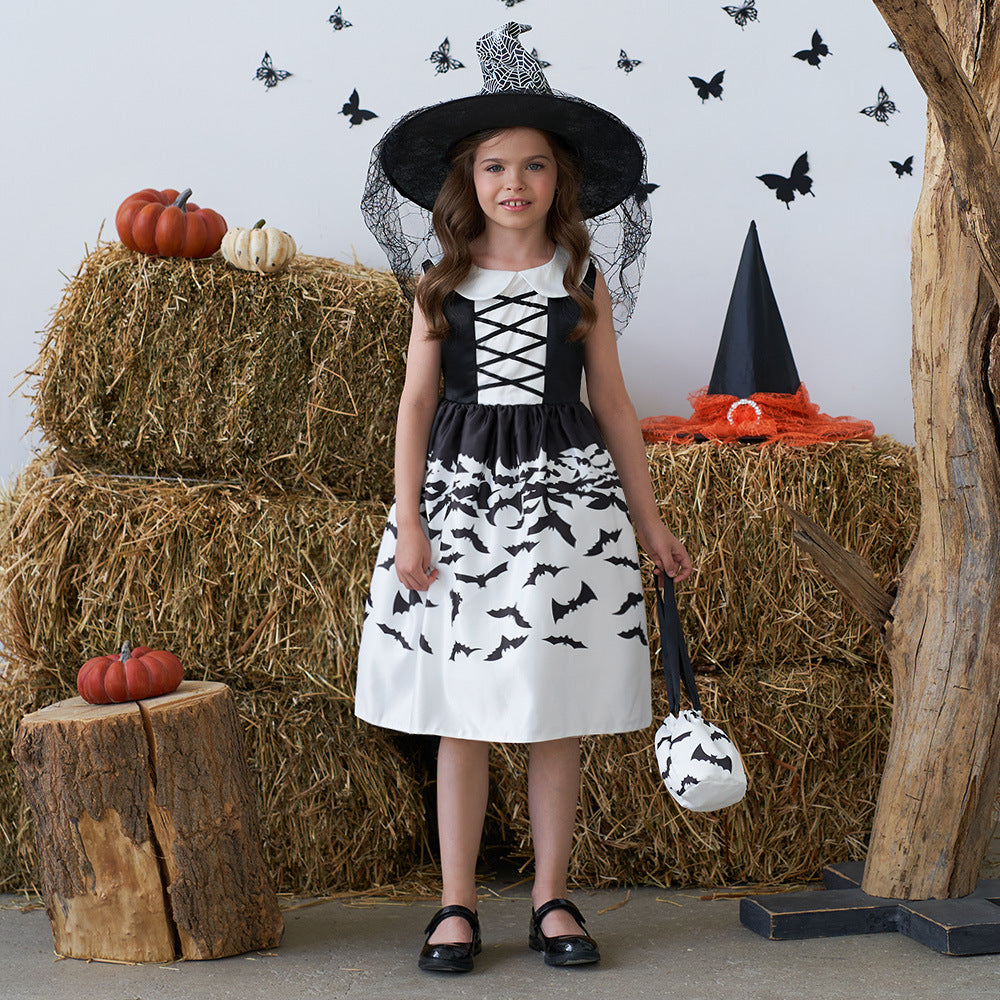Cute Cartoon Satin A-line Princess Dress for Girls (Black) - Halloween & Party Ready