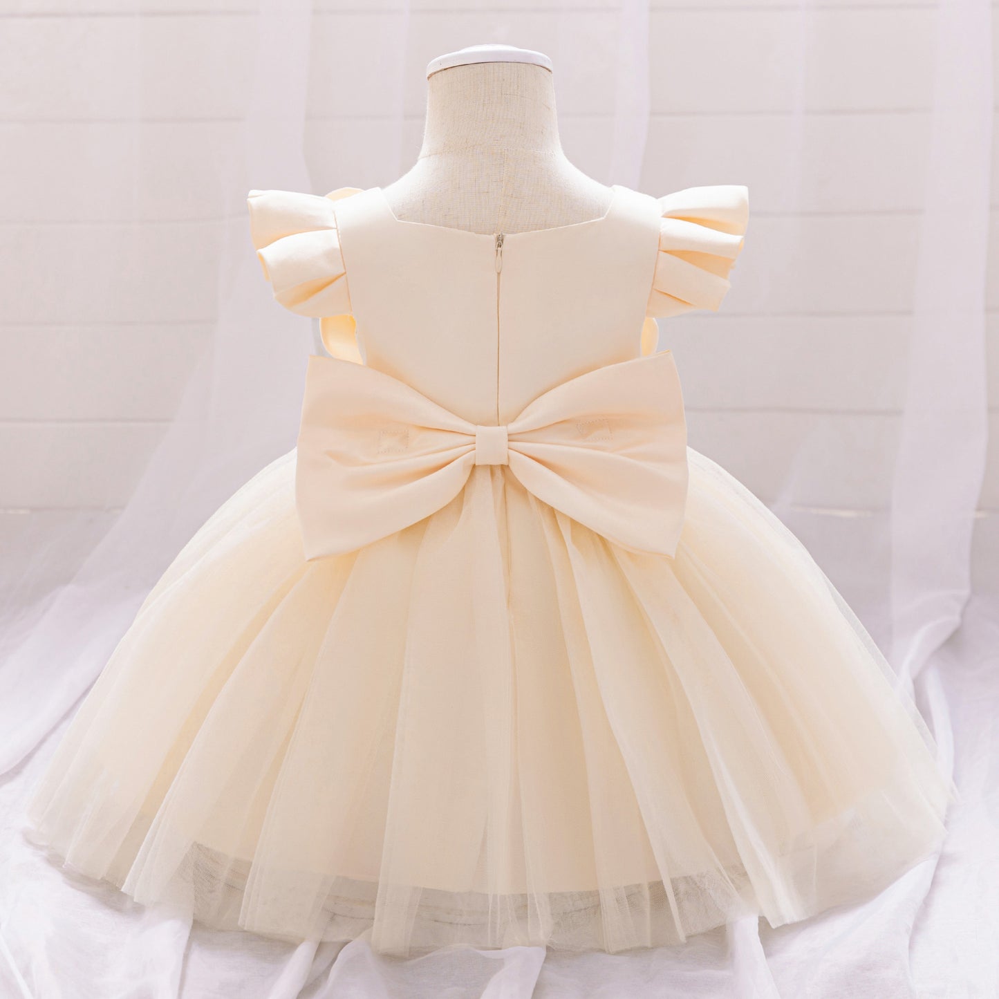 Champagne Puffy Flower Girl Dress for Toddlers – Cute Bowknot Ball Gown