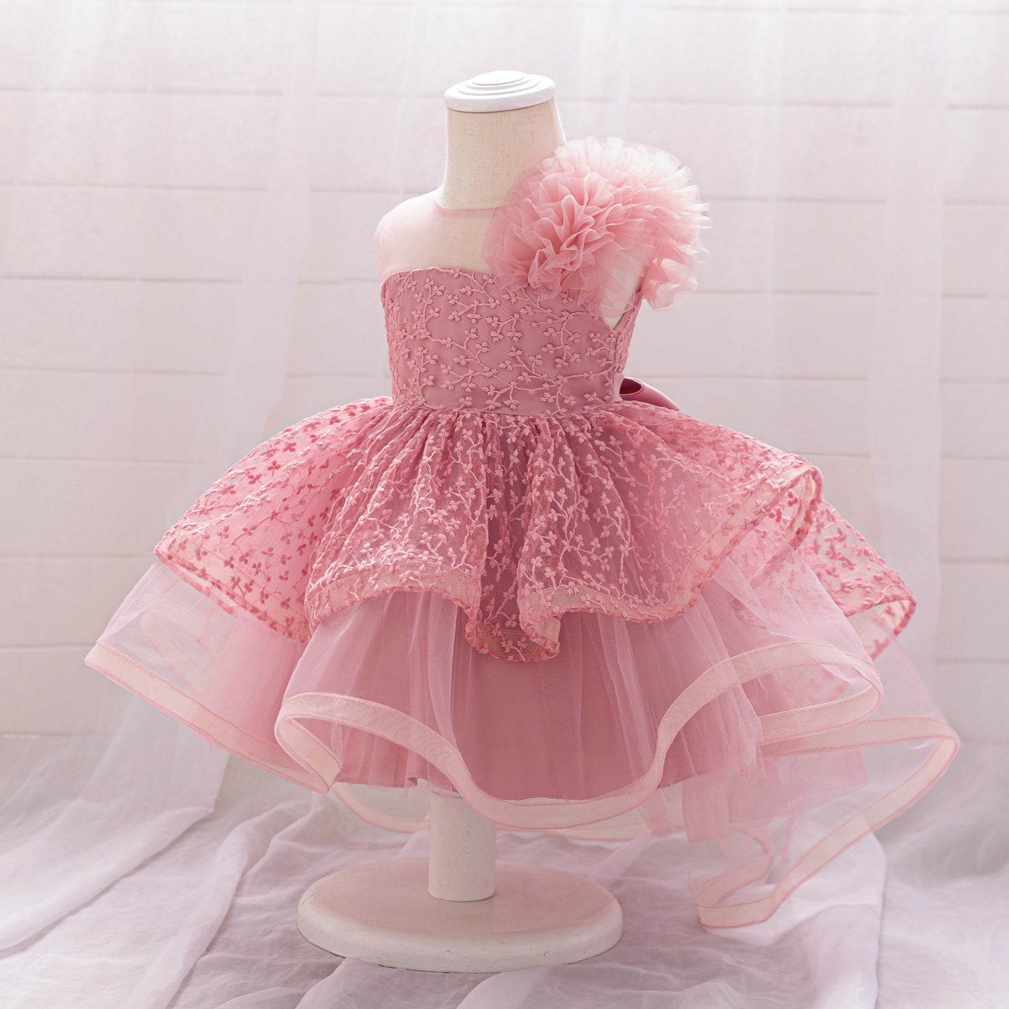 Pink Embroidered High-Low Ball Gown Dress for Toddlers | Party & Flower Girl Outfit