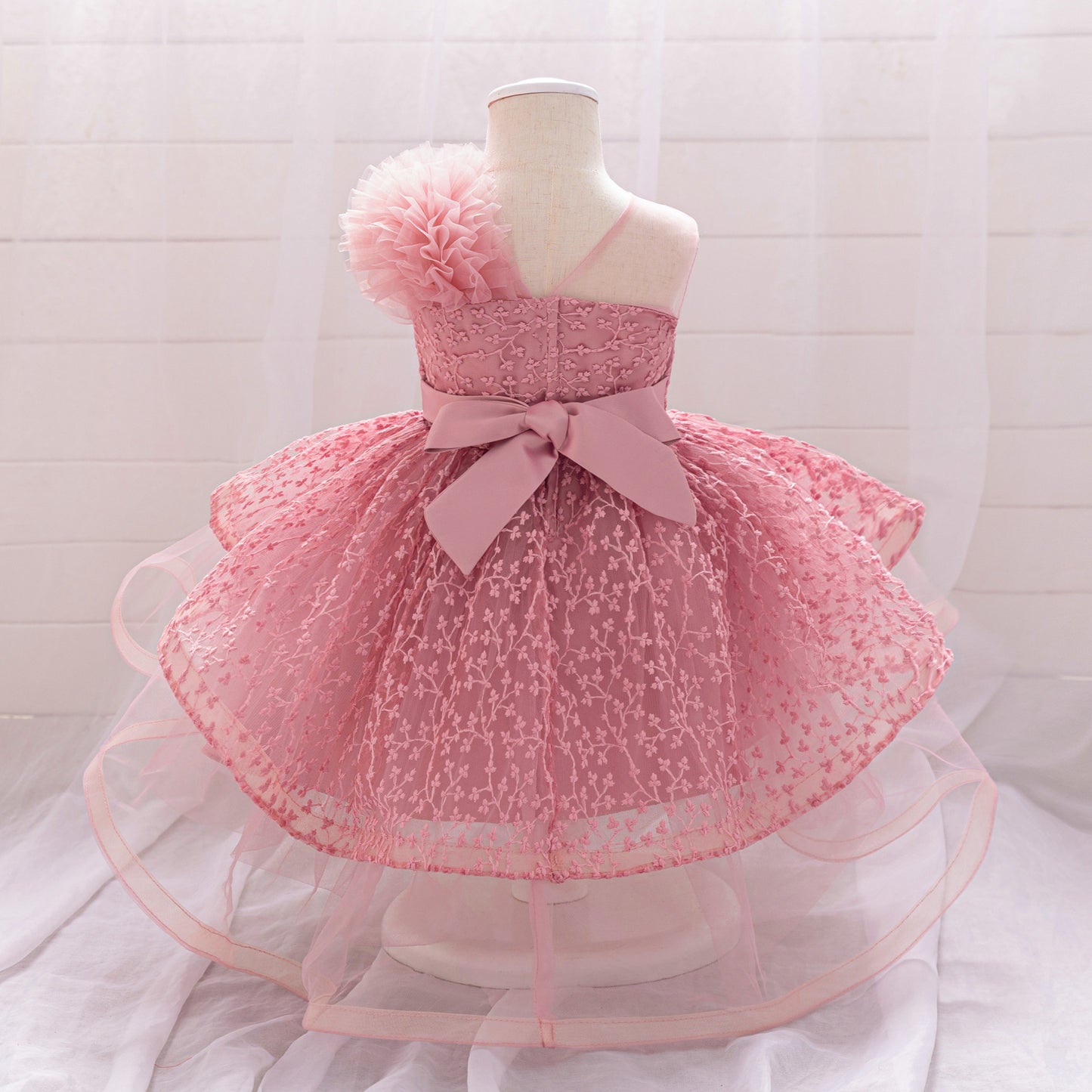 Pink Embroidered High-Low Ball Gown Dress for Toddlers | Party & Flower Girl Outfit