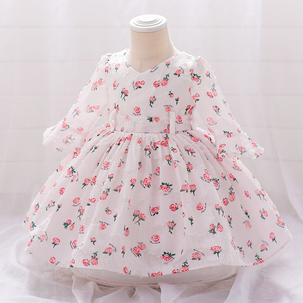 Cute Pink Floral A-Line Baby Dress with V-Neck – 9-24 Months Party & Photo Shoot