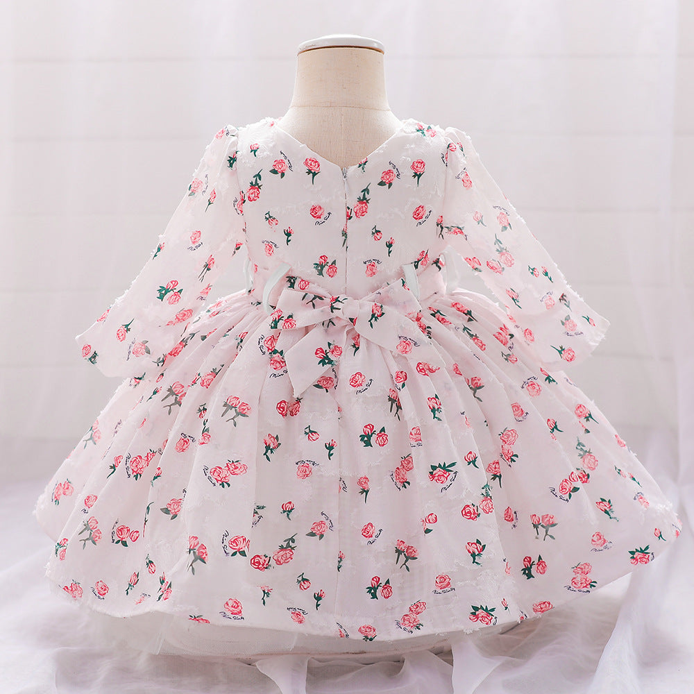 Cute Pink Floral A-Line Baby Dress with V-Neck – 9-24 Months Party & Photo Shoot