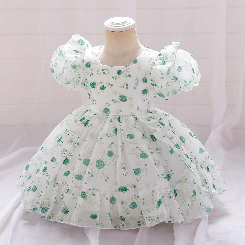 Adorable Floral Tulle A-Line Dress for Baby Girls (9-24M) | Cute Puff Sleeve Knee-Length Outfit