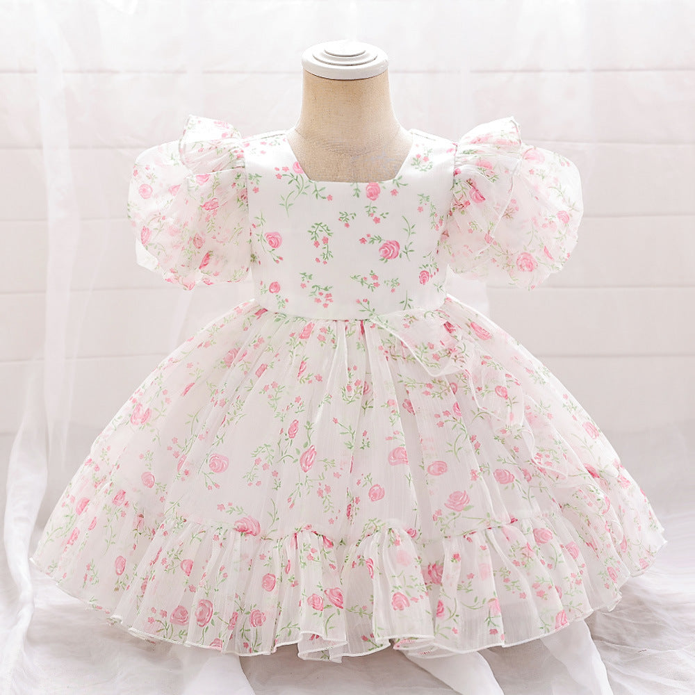 Adorable Floral Tulle A-Line Dress for Baby Girls (9-24M) | Cute Puff Sleeve Knee-Length Outfit
