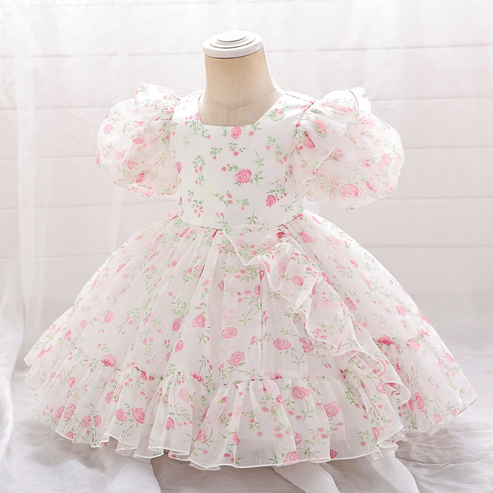 Adorable Floral Tulle A-Line Dress for Baby Girls (9-24M) | Cute Puff Sleeve Knee-Length Outfit