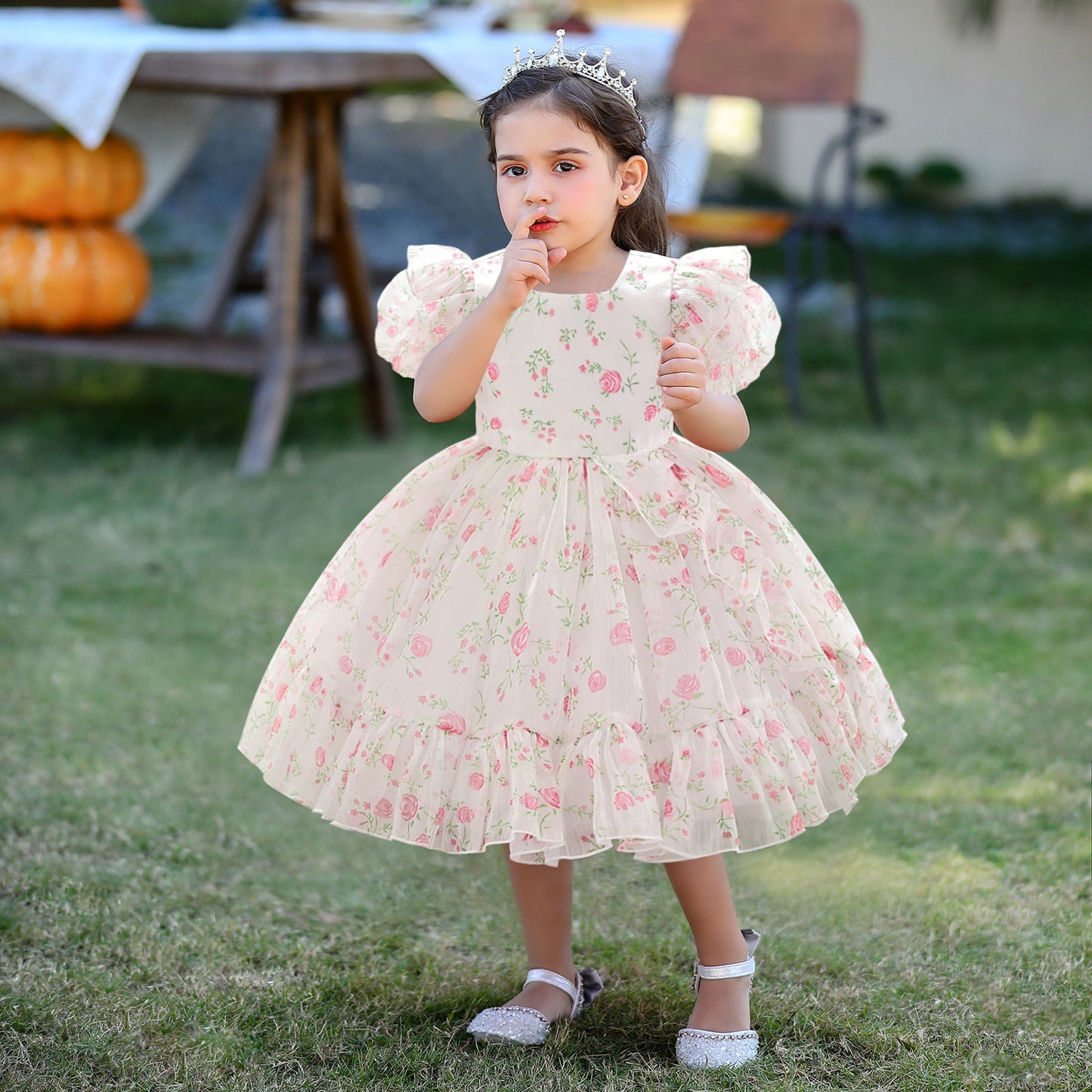 Adorable Floral Tulle A-Line Dress for Baby Girls (9-24M) | Cute Puff Sleeve Knee-Length Outfit
