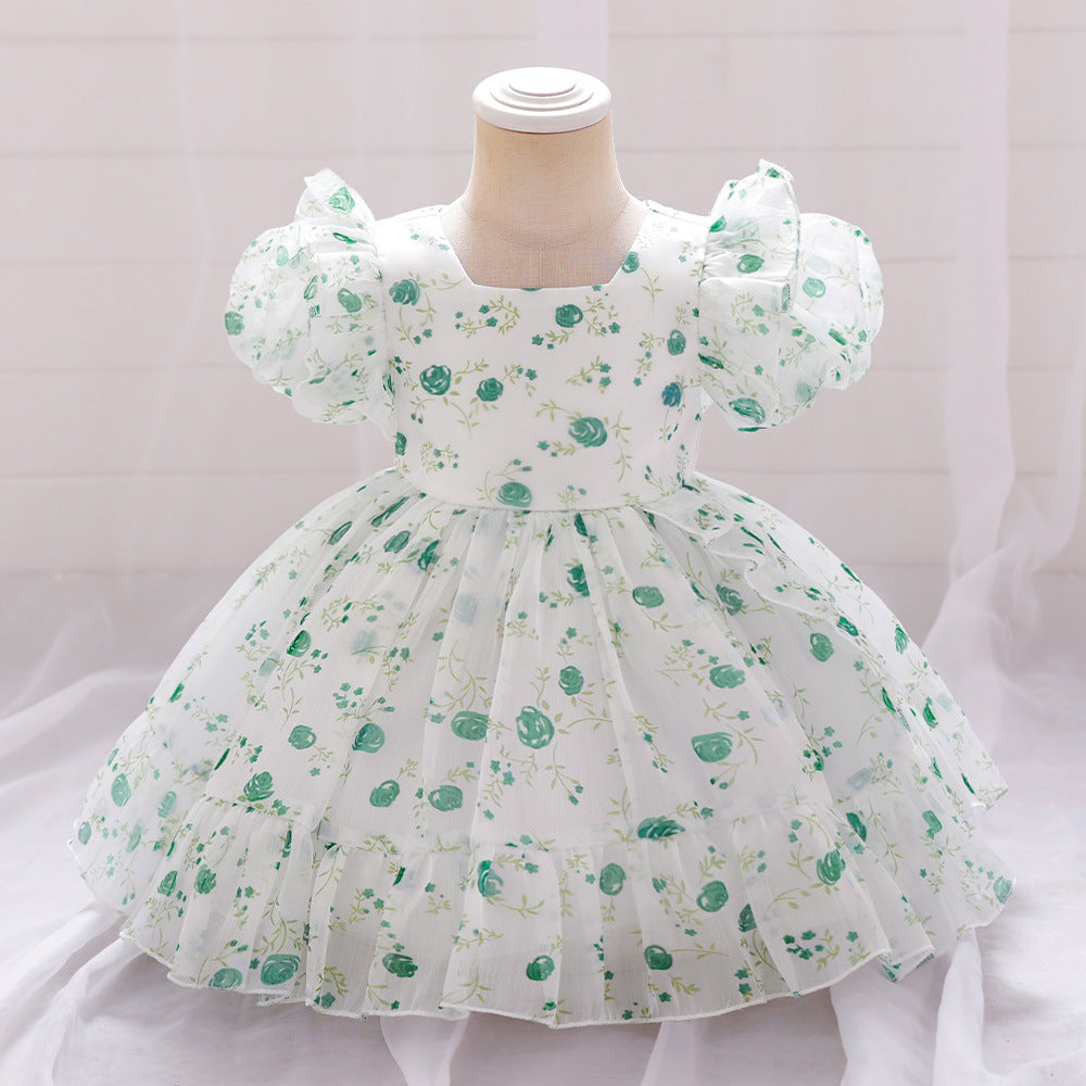 Adorable Floral Tulle A-Line Dress for Baby Girls (9-24M) | Cute Puff Sleeve Knee-Length Outfit