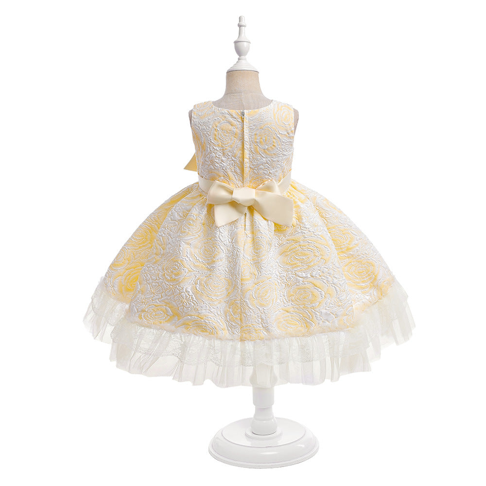 Girls' Flower Bow A-line Tea Length Puff Sleeve Dress | Kids Party & Holiday Outfit
